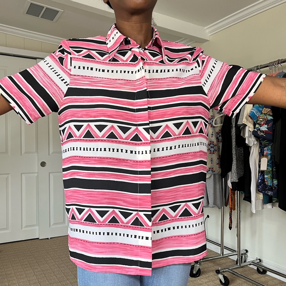 Black and pink funky design button up blouse shirt top Alfred Dunner size 10 - Picture 2 of 7